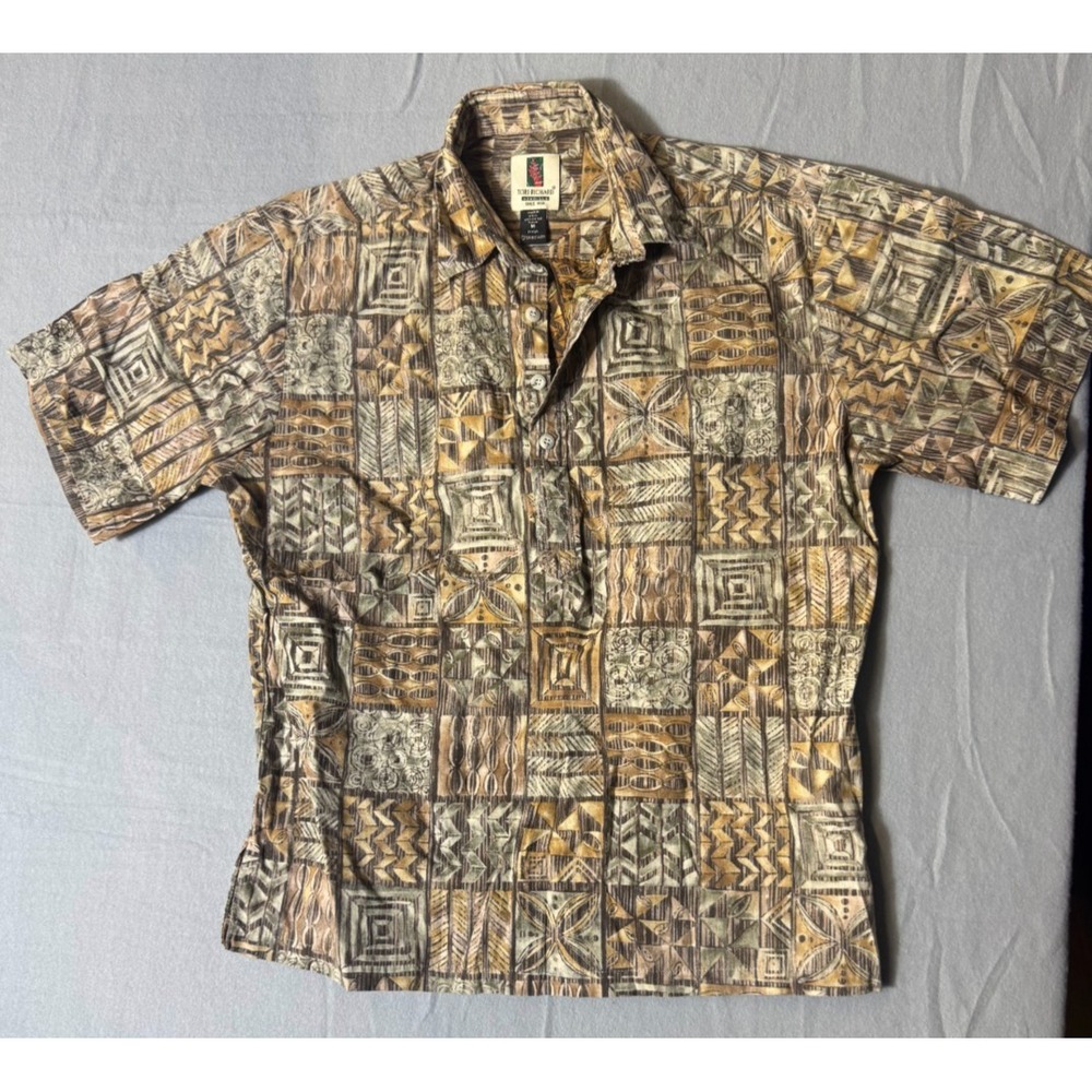 Tori Richard Hawaiian Shirt Men M Tan Geometric Tribal Cotton SS Button Up